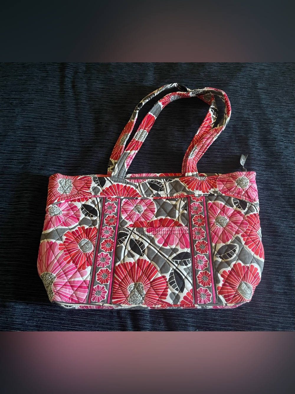 Vera Bradley Quilted Floral Tote, shoulder Bag in Pink and Gray Cherry Blossoms